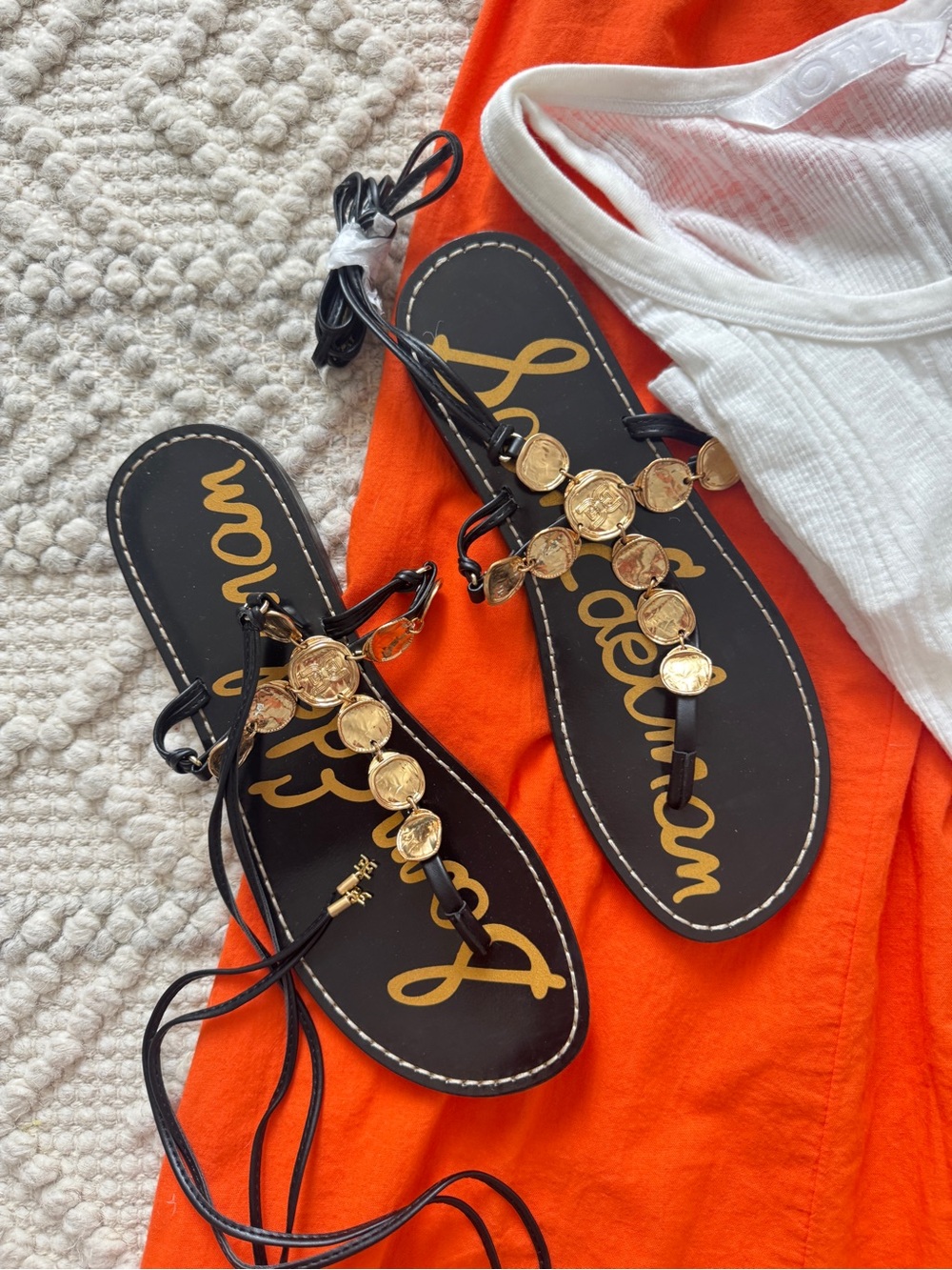 Sam Edelman Black Leather Lace-Up Sandals with Gold Coin Detail - Picture 3 of 8